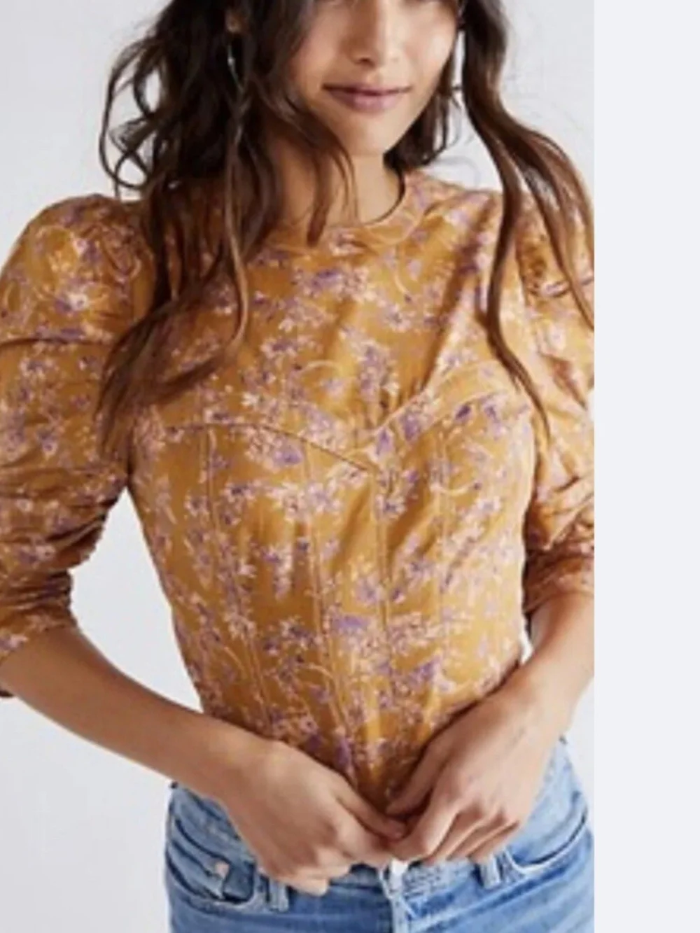Free People Monica Puff Sleeve Crop Top Floral Gold Leaf L